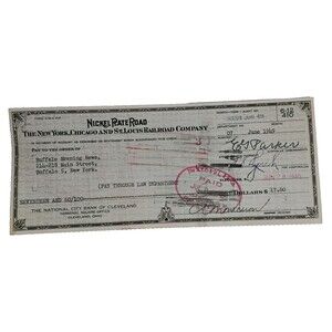 Nickel Plate Road Railroad Check Canceled  Buffalo Evening News  1949 NY,C &STL